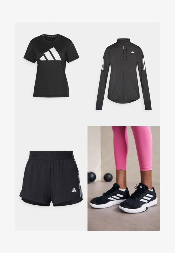Melnā sporta jaka, izgatavota no viegla materiāla. Tajā ir priekšējais rāvējslēdzis, augsta apkakle un trīs baltas svītras katrā piedurknē.; Melna sporta tee krekls, izgatavots no gludas auduma, ar lielu baltu trīs svītru logo uz priekšpuses un birku detaļām apakšmalā.; Melni sporta šorti ar elastīgu jostu, ar teksturētu joslu, sānu svītrām un baltu Adidas logo apakšējā malu.; Melnas sporta kurpes ar baltām svītrām, teksturēta sieta augšdaļa un balta zole. Nēsātas ar rozā legingiem, demonstrējot treniņu apģērbu.