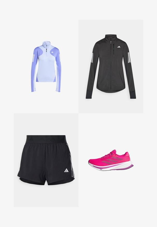 Čierna športová bunda vyrobená z ľahkého materiálu. Má zips vpredu, vysoký golier a tri biele pruhy na každom rukáve.; adidas Performance OTR B CB HZIP - Top s dlhým rukávom - blue spark semi blue; Čierne športové šortky s elastickým pásom, ktorý má textúrovanú pruh, bočné pruhy a biely logo Adidas na dolnom leme.; Ružové bežecké topánky s priehľadným zvrškom, bielou medzipodrážkou a fialovými akcentmi. Tri šedé pruhy po boku a zakrivený dizajn podrážky.