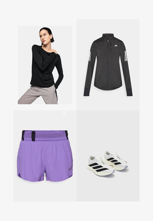 Schwarze Sportjacke aus leichtem Material. Mit einem Frontreißverschluss, hohem Kragen und drei weißen Streifen an jedem Ärmel.; Schwarzes Langarmshirt aus weichem Stoff mit rundem Ausschnitt und taillierter Silhouette, kombiniert mit hellgrauen Hosen.; ASICS METARUN SPLIT SHORT - Kurze Sporthose - edo purple; Weiße Sportschuhe mit schwarzen Streifen und Branding, ausgestattet mit einem oberen Mesh, abgerundeter Zehenpartie und dicke cremefarbene Sohle für Dämpfung.