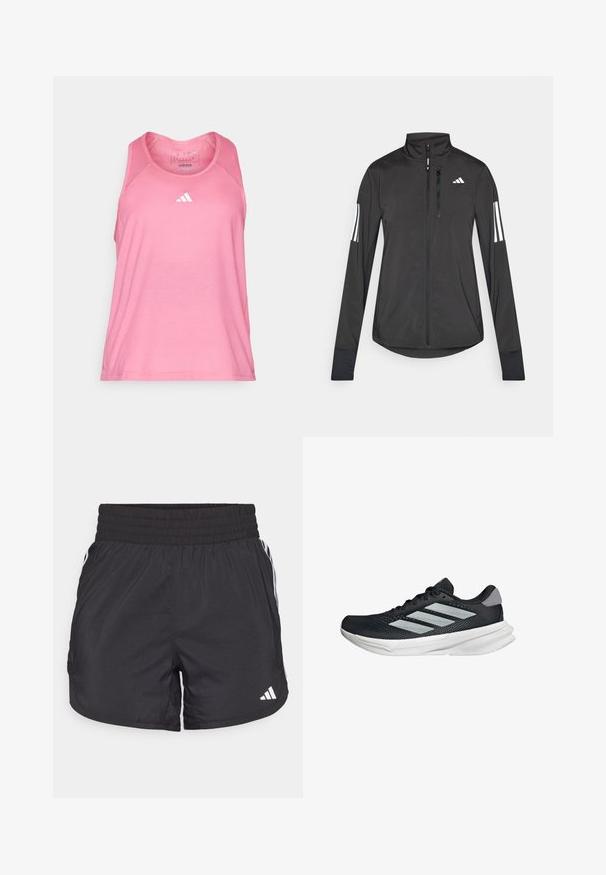 Svart idrottsjacka i lätt material. Har en framzipper, hög krage och tre vita ränder på varje ärm.; Rosa ärmlös träningslinne med rund hals, tillverkat av lätt material, med en liten vit Adidas-logotyp på framsidan.; Svarta träningsshorts med elastisk midja, sidfickor och vita randkonturer på sidorna. Tillverkade av lätt material.; Svart löparskor med meshtopp, tre silverränder, vit mellansula och strukturerad sula. Har vadderad krage och snörning.