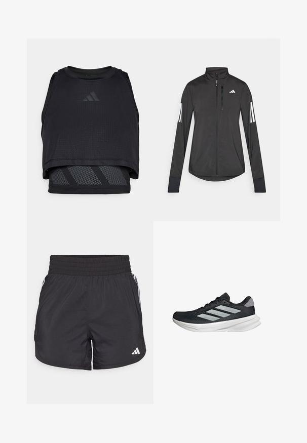 Czarna sportowa kurtka wykonana z lekkiego materiału. Posiada zamek błyskawiczny z przodu, wysoki kołnierz oraz trzy białe paski na każdym rękawie.; Czarny sportowy crop top z siateczkowym wzorem, okrągłym dekoltem i warstwową podszewką z szarymi ukośnymi paskami. Teksturowana, oddychająca tkanina.; Czarne spodenki sportowe z elastycznym paskiem w talii, bocznymi kieszeniami oraz białymi akcentami wzdłuż boków. Wykonane z lekkiego materiału.; Czarny but biegowy z siateczkowym wierzchem, trzema srebrnymi paskami, białą podeszwą środkową i teksturowaną podeszwą zewnętrzną. Posiada wyściełany kołnierz i zapięcie na sznurówki.