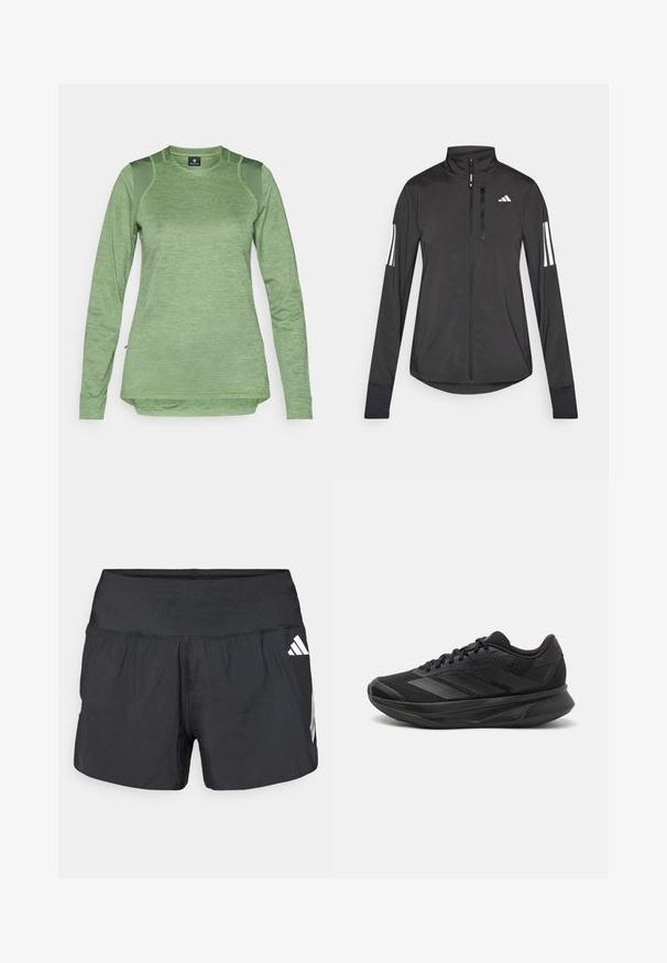 Musta urheilutakki, joka on valmistettu kevyestä materiaalista. Ominaisuuksiin kuuluu etuvetoketju, korkea kaulus ja kolme valkoista raitaa joka hihassa.; Pitkähihainen urheilupaita vaaleanvihreänä, valmistettu teksturoidusta kankaasta, jossa on verkkopaneelit hartioilla, ja se on varustettu pyöristetyllä helmalla ja pyöreällä kaula-aukolla.; Musta urheilushortsit, joissa on leveä joustava vyötärönauha, kevyt kangas ja valkoiset logokoristeet alaosassa sivulla.; Mustat juoksukengät, joissa on hengittävä verkkoyläosa, pyöreä varvas, sulavalinjainen muotoilu, teksturoidut yksityiskohdat ja pehmustettu pohja mukavuutta varten.