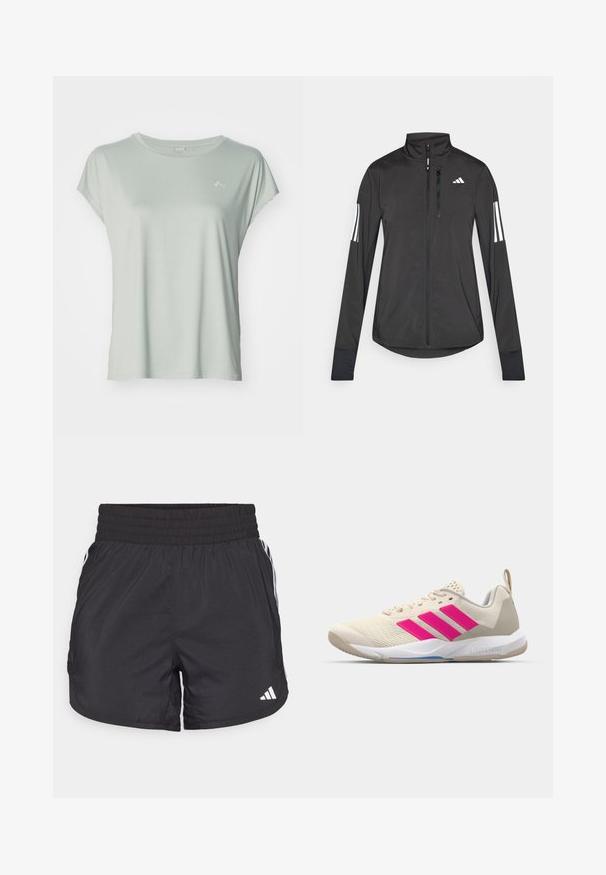 Must mustriga mustrin, millel on esiküljel lukuga, kõrge krae ja igal varrukal kolm valget triipu.; ONLY Play ONPAUBREE LIFE ON BAT LOOSE - Spordi T-särk - aqua gray; Mustad mustriga mustad sportlikud lühikesed püksid elastse värviga, küljetaskud ja valged triibud külgedel. Valmistatud kerge materjali sisu.; Beige spordijalanõud roosa kolme triibu logoga, tekstureeritud võrkkangas peal, polsterdatud sääreosa ja valge kummist tallaga, kus on "LIGHTSTRIKE" bränd.