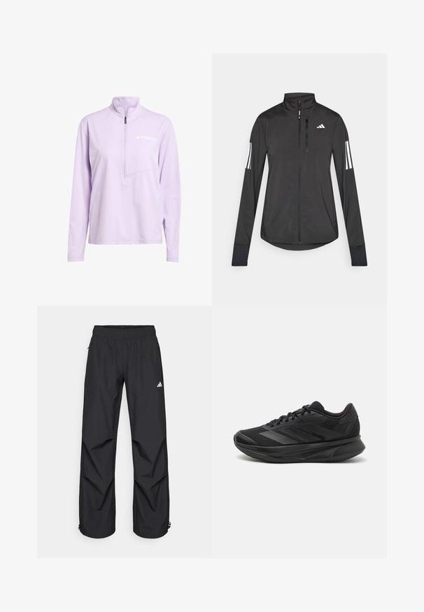 Melnā sporta jaka, izgatavota no viegla materiāla. Tajā ir priekšējais rāvējslēdzis, augsta apkakle un trīs baltas svītras katrā piedurknē.; Lilakas ceturkšņa rāvējslēdzēja džemperis no mīksta auduma ar garām piedurknēm, krūšu kabatu un baltu "TERREX" logo.; Melni, viegli, ūdensizturīgi bikses ar elastīgu jostu, sānu kabatām un regulējamiem aproces galiem. Iezīmē baltu logo kreisajā augšstilbā.; Melna skrienošā kurpe ar elpojošu sieta augšdaļu, noapaļotu purngalu, elegantu dizainu, teksturētām akcentiem un mīkstinošu zoli komfortam.