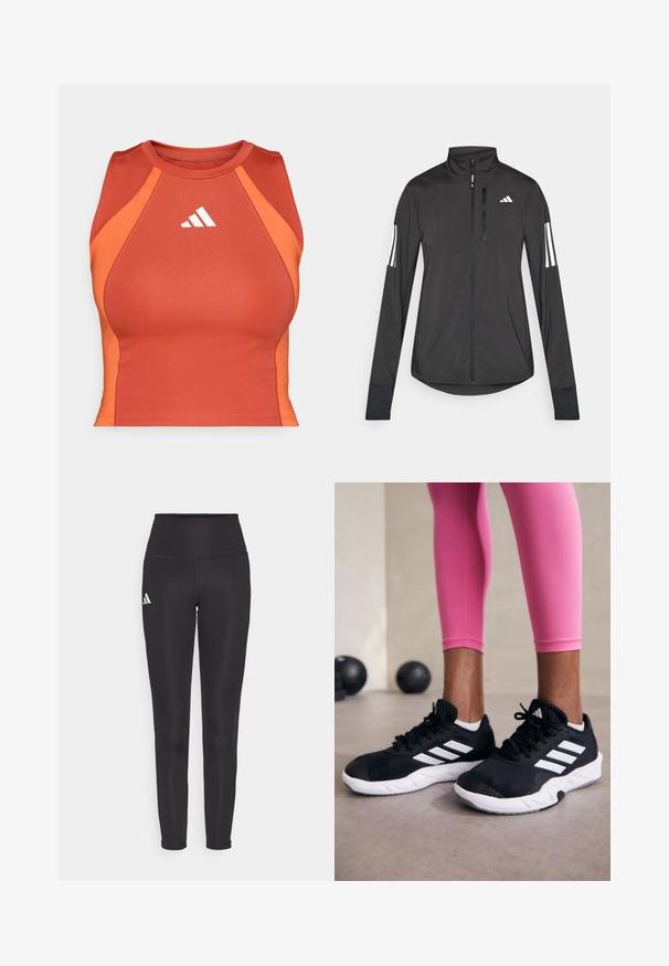 Svart treningsjakke laget av lett materiale. Har glidelås foran, høy krage og tre hvite striper på hver erme.; Oransje atletisk crop top laget av glatt, elastisk materiale. Har et racerback-design og hvit logo på forsiden.; Sorte høy midje leggings laget av elastisk stoff. Har en hvit logo på venstre side og et elegant, sømløst design. Glatt tekstur.; Svarte treningssko med hvite striper, teksturert mesh-overdel og hvit såle. Brukt med rosa leggings, som viser frem treningsklær.