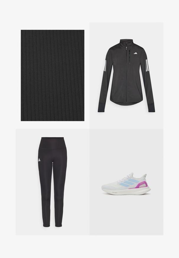 Giacchetto sportivo nero realizzato in materiale leggero. Presenta una chiusura frontale con zip, colletto alto e tre strisce bianche su ciascun manica.; Tessuto di stoffa nero a coste con una texture liscia e linee verticali costanti, adatto per applicazioni di tappezzeria o moda.; Leggings neri a vita alta realizzati in tessuto elastico. Presentano un logo bianco sul lato sinistro e un design elegante e senza cuciture. Texture liscia.; adidas Performance PUREBOOST 5 - Scarpe da corsa su strada - white/glow blue/purple burst