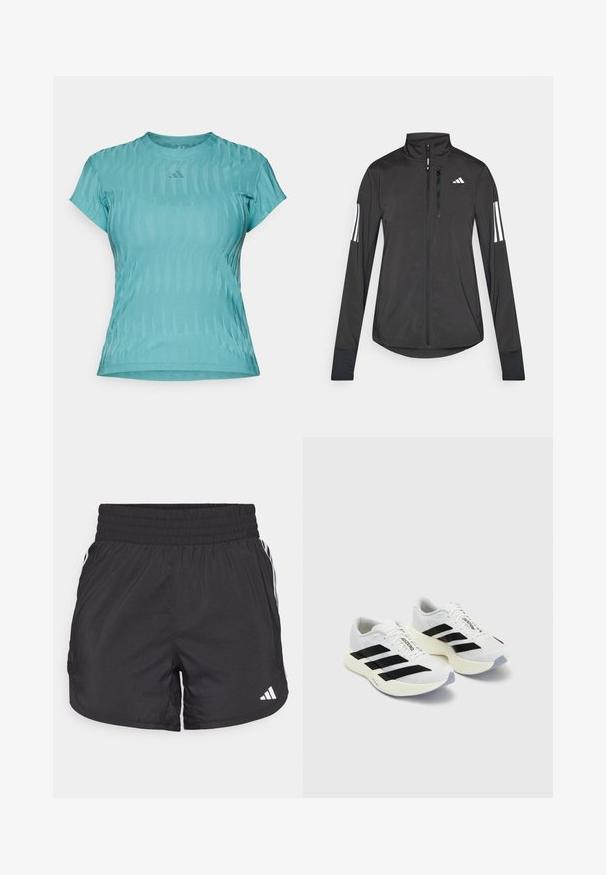 Melnā sporta jaka, izgatavota no viegla materiāla. Tajā ir priekšējais rāvējslēdzis, augsta apkakle un trīs baltas svītras katrā piedurknē.; Akvamarīna krāsas īsām piedurknēm sporta krekls ar teksturētu dizainu, ar apaļu kakla izgriezumu un nelielu logotipu uz krūšu vietas.; Melnas sporta bikses ar elastīgu jostu, sānu kabatām un baltām svītrām uz sāniem. Izgatavotas no viegla materiāla.; Baltas sporta apavi ar melniem svītrainiem un zīmolu, ar sietveida augšdaļu, apaļu purngalu un biezu krēmkrāsas zoli, kas nodrošina amortizāciju.