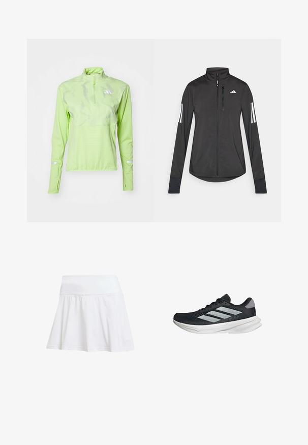 Crni sportski jakna napravljena od laganog materijala. Ima prednji zatvarač, visoki ovratnik i tri bijele pruge na svakoj rukavu.; adidas Performance ULTIMATE VIS REFLECTIVE 1/2-ZIP - Top dugih rukava - pulse lime; Bijela atletska suknja s uskim strukom i lepršavim donjim dijelom. Izrađena od lagane, prozračne tkanine s glatkom teksturom.; Crne trkačke tenisice s mrežastim gornjim dijelom, tri srebrne pruge, bijeli srednji sloj i teksturirani potplat. Sadrži podstavljeni ovratnik i zatvaranje s vezicama.