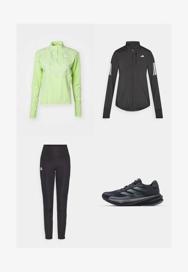 Zwarte sportjack gemaakt van lichtgewicht materiaal. Voorzien van een ritssluiting aan de voorkant, hoge kraag en drie witte strepen op elke mouw.; adidas Performance ULTIMATE VIS REFLECTIVE 1/2-ZIP - Longsleeve - pulse lime; Zwarte high-waisted leggings van rekbaar materiaal. Heeft een wit logo aan de linkerkant en een stijlvolle, naadloze uitstraling. Soepele textuur.; Zwarte sportieve schoen met een gestructureerde mesh bovenkant, reflecterende accenten, een gevoerde zool en een gestroomlijnd ontwerp. Beschikt over het logo met drie strepen.