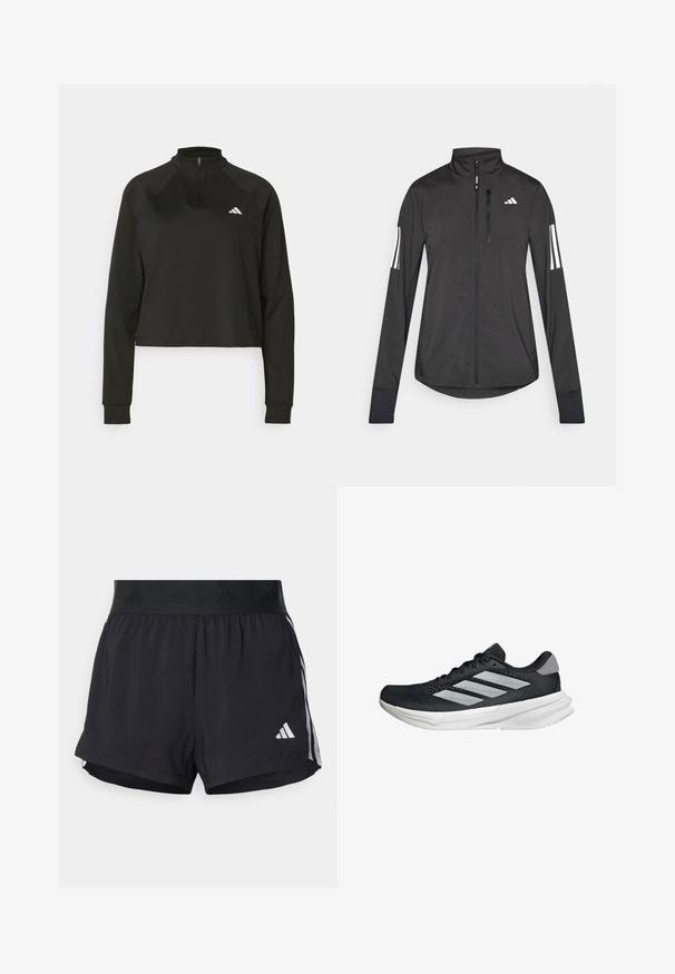 Černá atletická bunda vyrobená z lehkého materiálu. Má přední zip, vysoký límec a tři bílé pruhy na každém rukávu.; Černý pulovr na čtvrt zip vyrobený z hladkého materiálu, s dlouhými rukávy, vysokým límcem a bílým logem na levé hrudi.; Černé sportovní šortky s elastickým pasem, s texturovaným páskem, bočními pruhy a bílým logem Adidas na dolním lemu.; Černé běžecké boty s vrchní částí z prodyšné síťoviny, třemi stříbrnými pruhy, bílou mezipodešví a texturovanou podešví. Obsahují polstrovaný límec a šněrování.