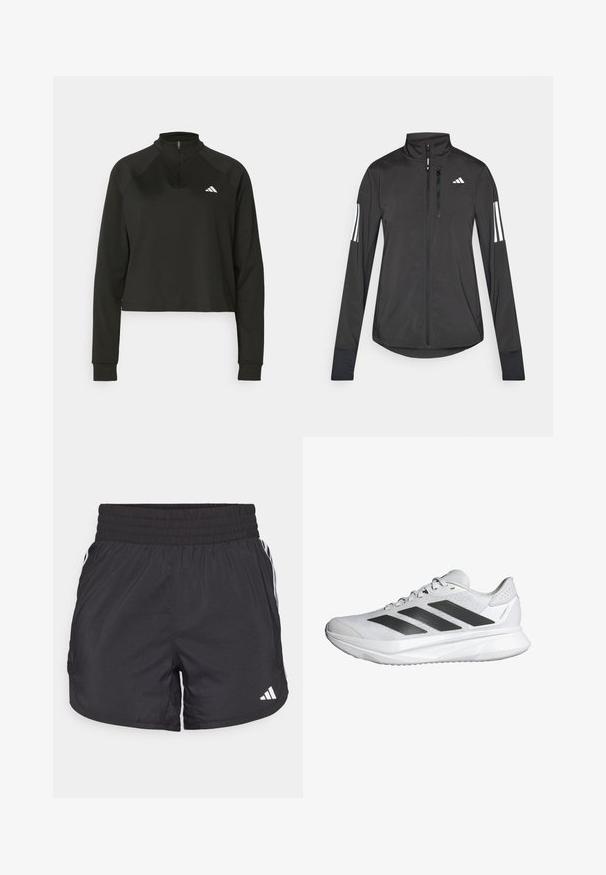 Must mustriga mustrin, millel on esiküljel lukuga, kõrge krae ja igal varrukal kolm valget triipu.; Must musta neljandikinnisega pullover, mis on valmistatud siledast kangast, pikkade varrukate ja kõrge kaelusega, vasakul rinnal on valge logo.; Mustad mustriga mustad sportlikud lühikesed püksid elastse värviga, küljetaskud ja valged triibud külgedel. Valmistatud kerge materjali sisu.; Valge sportlik king, millel on hingav võrkkonstruktsioon, kolm musta triipu, kerge tald ja tekstureeritud detailid kontsapooles toe pakkumiseks.