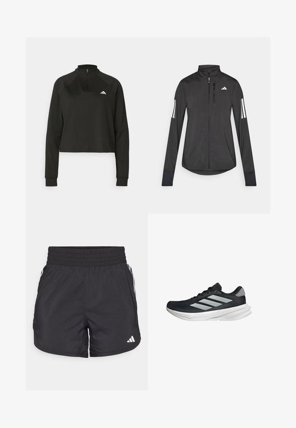 Schwarze Sportjacke aus leichtem Material. Mit einem Frontreißverschluss, hohem Kragen und drei weißen Streifen an jedem Ärmel.; Schwarzer Pullover mit Viertelreißverschluss aus glattem Stoff, langärmlig, mit hohem Kragen und einem weißen Logo auf der linken Brust.; Schwarze Sportshorts mit elastischem Bund, seitlichen Taschen und weißen Streifenakzenten an den Seiten. Hergestellt aus leichtem Material.; Schwarzer Laufschuh mit Mesh-Obermaterial, drei silbernen Streifen, weißer Zwischensohle und strukturiertem Außensohle. Verfügt über einen gepolsterten Schaft und eine Schnürung.