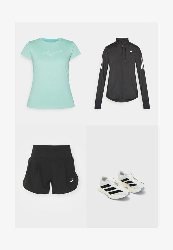 Juodas sportinis švarkas, pagamintas iš lengvos medžiagos. Yra priekinis užtrauktukas, aukšta apykaklė ir trys baltos juostos kiekviename rankovėje.; Mėtų žalios spalvos marškinėliai, pagaminti iš švelnaus medvilnės. Turi apvalų iškirpimą ir trumpas rankoves, o krūtinės zonoje yra baltas logotipas.; Juodi sportiniai šortai su plačiu juosmeniu, raukšlėtu dizainu ir mažyte balta logo akcentu apatiniame kairiajame kampe. Minkšta, lengva medžiaga.; Balti sportiniai bateliai su juodomis juostomis ir ženklinimu, turintys tinklelio viršutinę dalį, apvalų pirštą ir storą grietinę spalvos padą, skirtą amortizacijai.