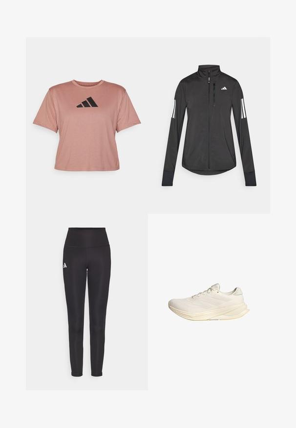 Chaqueta deportiva negra hecha de material ligero. Cuenta con una cremallera frontal, un cuello alto y tres franjas blancas en cada manga.; adidas Performance TRAIN ESSENTIALS BIG LOGO - Camiseta estampada - warm clay; Leggings negros de cintura alta hechos de tejido elástico. Presenta un logo blanco en el lado izquierdo y un diseño elegante y sin costuras. Textura suave.; Zapato deportivo beige claro con parte superior de malla, cordones planos y suela acolchada. Presenta un diseño de tres franjas en el lado lateral.