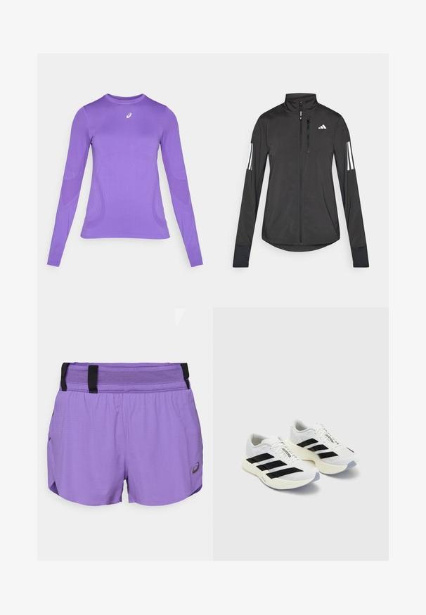 Jaqueta atlética preta feita de material leve. Apresenta um fecho frontal, colarinho alto e três riscas brancas em cada manga.; Camisola atlética de mangas longas em tecido lilás claro, apresentando um design ajustado, gola redonda e uma textura subtil com detalhes do logo no peito.; ASICS METARUN SPLIT SHORT - Calções desportivos - edo purple; Ténis brancos de desporto com riscas e marcação pretas, apresentando um cabedal em malha, bico arredondado e sola espessa em creme para amortecimento.