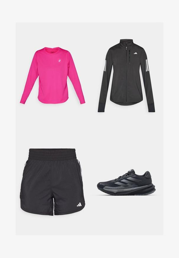 Zwarte sportjack gemaakt van lichtgewicht materiaal. Voorzien van een ritssluiting aan de voorkant, hoge kraag en drie witte strepen op elke mouw.; Langermige sportshirt in felroze, gemaakt van rekbare stof. Heeft een ronde halslijn en een klein wit logo op de borst.; Zwarte sportieve shorts met een elastische tailleband, zijzakken en witte streepaccenten aan de zijkanten. Gemaakt van lichtgewicht materiaal.; Zwarte sportieve schoen met een gestructureerde mesh bovenkant, reflecterende accenten, een gevoerde zool en een gestroomlijnd ontwerp. Beschikt over het logo met drie strepen.