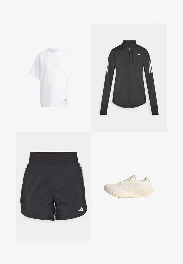 Melnā sporta jaka, izgatavota no viegla materiāla. Tajā ir priekšējais rāvējslēdzis, augsta apkakle un trīs baltas svītras katrā piedurknē.; Balta kokvilnas T-kreklu ar īsām piedurknēm, apaļu kaklu un brīvu piegriezumu. Ievērojamā detaļa: mazs melns grafiskais logo uz apakšmalas.; Melnas sporta bikses ar elastīgu jostu, sānu kabatām un baltām svītrām uz sāniem. Izgatavotas no viegla materiāla.; Gaišbeidzis sporta apavi ar sieta augšējo daļu, plakaniem šņorēm un mīkstu zoli. Iekļauj trīs svītru dizainu sānu pusē.