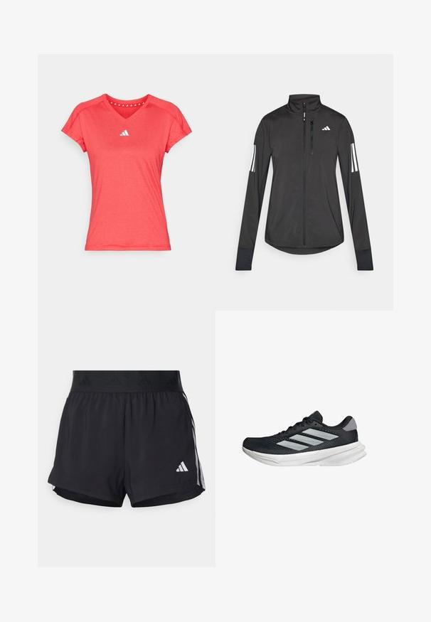 Czarna sportowa kurtka wykonana z lekkiego materiału. Posiada zamek błyskawiczny z przodu, wysoki kołnierz oraz trzy białe paski na każdym rękawie.; Czerwona koszulka sportowa z krótkim rękawem, zapinana na dekolt w kształcie litery V, z białym logo na piersi. Wykonana z gładkiego, lekkiego materiału.; Czarne sportowe szorty z elastycznym paskiem w talii, z teksturowanym pasem, bocznymi paskami oraz białym logo Adidas na dolnym brzegu.; Czarny but biegowy z siateczkowym wierzchem, trzema srebrnymi paskami, białą podeszwą środkową i teksturowaną podeszwą zewnętrzną. Posiada wyściełany kołnierz i zapięcie na sznurówki.