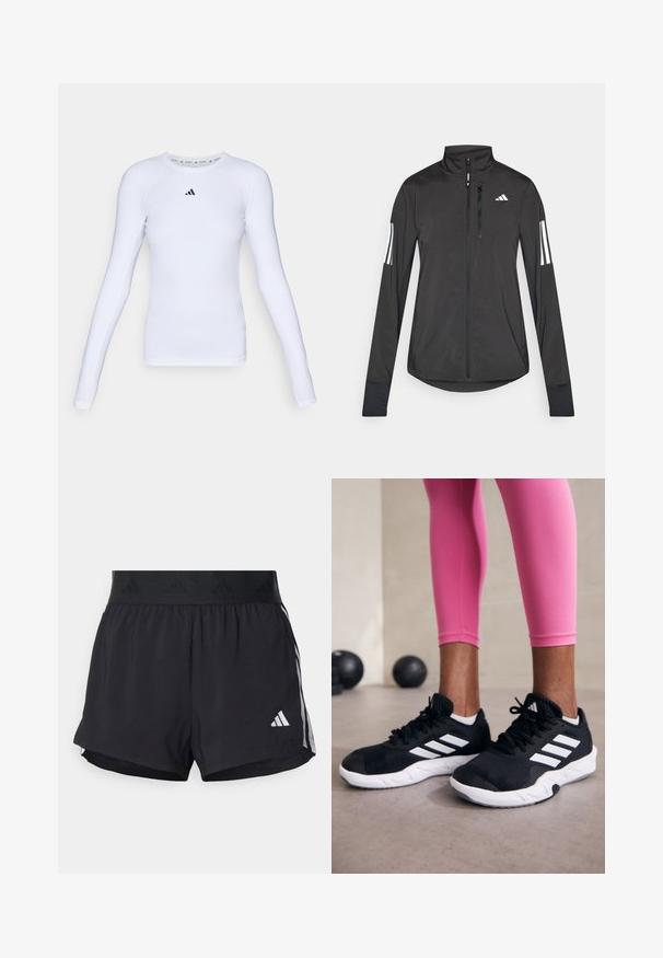 Melnā sporta jaka, izgatavota no viegla materiāla. Tajā ir priekšējais rāvējslēdzis, augsta apkakle un trīs baltas svītras katrā piedurknē.; Garš darbo baltā sporta krekls ar garām piedurknēm, izgatavots no elastīga materiāla, ar apaļu kakla izgriezumu un nelielu melnu logotipu krūšu rajonā.; Melni sporta šorti ar elastīgu jostu, ar teksturētu joslu, sānu svītrām un baltu Adidas logo apakšējā malu.; Melnas sporta kurpes ar baltām svītrām, teksturēta sieta augšdaļa un balta zole. Nēsātas ar rozā legingiem, demonstrējot treniņu apģērbu.