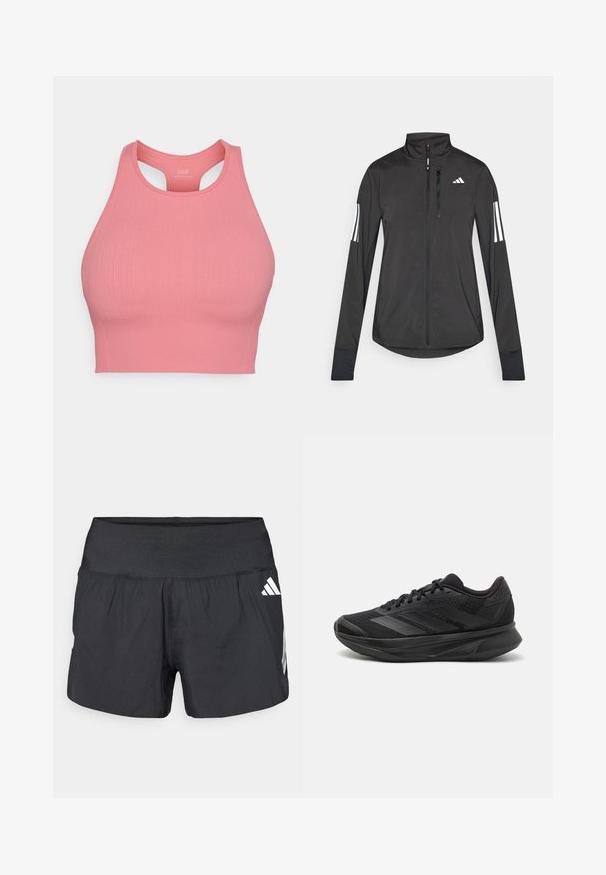 Sort atletisk jakke lavet af let materiale. Har en frontlynlås, høj krave og tre hvide striber på hver ærme.; Rosa ribbet sports-bh med høj hals og racerback-design. Lavet af strækbart stof for komfort og støtte. Ingen synlig hardware.; Sorte atletikshorts med bred elastisk talje, letvægtsstof og hvide logoaccents på den nederste side.; Sort løbesko med en åndbar mesh-overdel, afrundet tå, strømlinet design, teksturerede detaljer og en polstret sål for komfort.