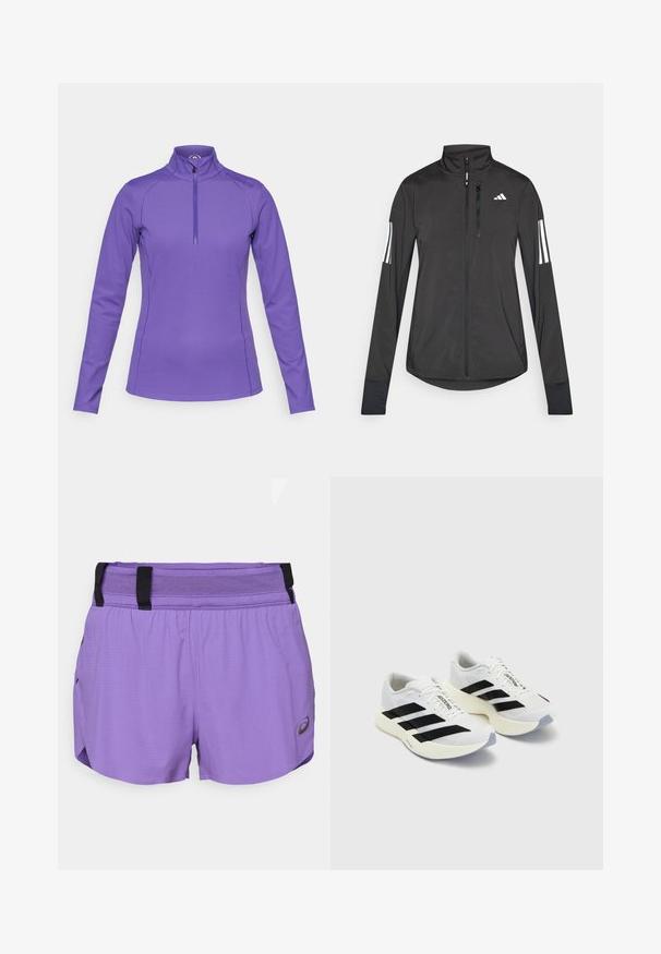 Czarna sportowa kurtka wykonana z lekkiego materiału. Posiada zamek błyskawiczny z przodu, wysoki kołnierz oraz trzy białe paski na każdym rękawie.; Fioletowa koszula z długim rękawem, z kołnierzem stójkowym i półzapinanym zamkiem. Wykonana z gładkiego, elastycznego materiału z płaskimi szwami i detalem z logo na ramieniu.; ASICS METARUN liliowy; Białe buty sportowe z czarnymi paskami i logo, z siateczkową cholewką, zaokrąglonym noskiem i grubą kremową podeszwą dla amortyzacji.