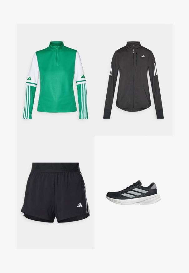 Čierna športová bunda vyrobená z ľahkého materiálu. Má zips vpredu, vysoký golier a tri biele pruhy na každom rukáve.; Zelený polyesterový športový top s vysokým golierom, polovičným zipsom, bielymi rukávmi a tromi bielymi pruhmi na každom rukáve.; Čierne športové šortky s elastickým pásom, ktorý má textúrovanú pruh, bočné pruhy a biely logo Adidas na dolnom leme.; Čierna behacia obuv s vrchnou časťou z priedušného materiálu, tromi striebornými pruhmi, bielou medzipodrážkou a textúrovanou podrážkou. Obsahuje polstrovaný golier a uzatváranie na šnúrky.
