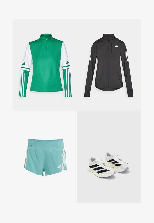 Juodas sportinis švarkas, pagamintas iš lengvos medžiagos. Yra priekinis užtrauktukas, aukšta apykaklė ir trys baltos juostos kiekviename rankovėje.; Žalias poliesterinis sportinis viršus su aukšta apykakle, pusiau užtrauktuku, baltais rankovėmis ir trimis baltomis juostelėmis ant kiekvienos rankovės.; Šviesiai mėlyni sportiniai šortai su tekstūruotu audiniu, baltais šonų juostelėmis ir kišene juosmens srityje saugojimui. Tinka sporto veiklai.; Balti sportiniai bateliai su juodomis juostomis ir ženklinimu, turintys tinklelio viršutinę dalį, apvalų pirštą ir storą grietinę spalvos padą, skirtą amortizacijai.