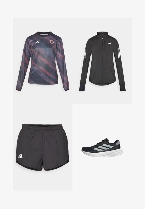Sort atletisk jakke lavet af let materiale. Har en frontlynlås, høj krave og tre hvide striber på hver ærme.; Langærmet sportsjersey lavet af tekstureret sort stof med abstrakte røde og blå mønstre; har adidas-logo og holdemblemet på brystet.; Sorte atletiske shorts lavet af letvægtsstof, med en elastisk talje og et hvidt Adidas-logo på nederste venstre side.; Sort løbesko med mesh-overdel, tre sølvstriber, hvid mellemsål og struktureret ydersål. Har polstret krave og snørelukning.