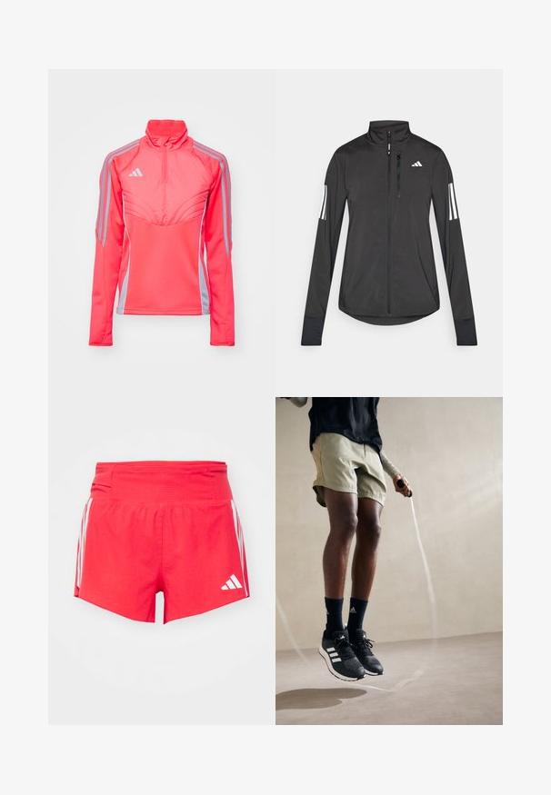 Schwarze Sportjacke aus leichtem Material. Mit einem Frontreißverschluss, hohem Kragen und drei weißen Streifen an jedem Ärmel.; Rosa Sportpulloverjacke mit hohem Kragen, Reißverschluss am Hals und grauen Seitenstreifen. Verfügt über strukturierte Nähte und eine figurschmeichelnde Passform.; Rote Sportshorts aus zusammengesetztem Stoff, ausgestattet mit einem breiten Bund und weißen Seitestreifen sowie Logo-Akzenten.; Schwarze Sportschuhe mit weißen Streifen, olivgrüne Shorts und marineblaue Socken. Ein Springseil befindet sich in den Händen der Person. Neutraler Hintergrund.