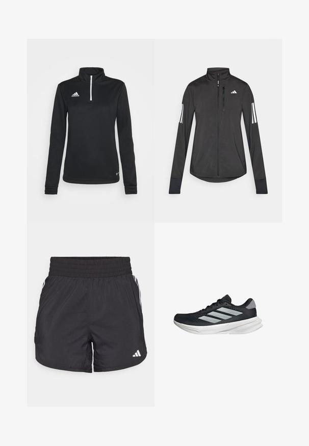 Čierna športová bunda vyrobená z ľahkého materiálu. Má zips vpredu, vysoký golier a tri biele pruhy na každom rukáve.; Čierna dlhá mikina s krátkym zipsom, vyrobená z hladkej syntetickej tkaniny. Má biely zips a vyšívané logo na ľavej strane hrude.; Čierne športové šortky s elastickým pásom, bočnými vreckami a bielymi pruhmi po stranách. Vyrobené z ľahkého materiálu.; Čierna behacia obuv s vrchnou časťou z priedušného materiálu, tromi striebornými pruhmi, bielou medzipodrážkou a textúrovanou podrážkou. Obsahuje polstrovaný golier a uzatváranie na šnúrky.