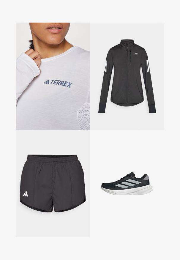 Schwarze Sportjacke aus leichtem Material. Mit einem Frontreißverschluss, hohem Kragen und drei weißen Streifen an jedem Ärmel.; Weißes Langarmhemd mit blauem "TERREX"-Logo. Der Stoff ist leicht und hat strukturierte Mesh-Akzente an den Schultern.; Schwarze Sportshorts aus leichtem Material, mit einem elastischen Bund und einem weißen Adidas-Logo auf der unteren linken Seite.; Schwarzer Laufschuh mit Mesh-Obermaterial, drei silbernen Streifen, weißer Zwischensohle und strukturiertem Außensohle. Verfügt über einen gepolsterten Schaft und eine Schnürung.