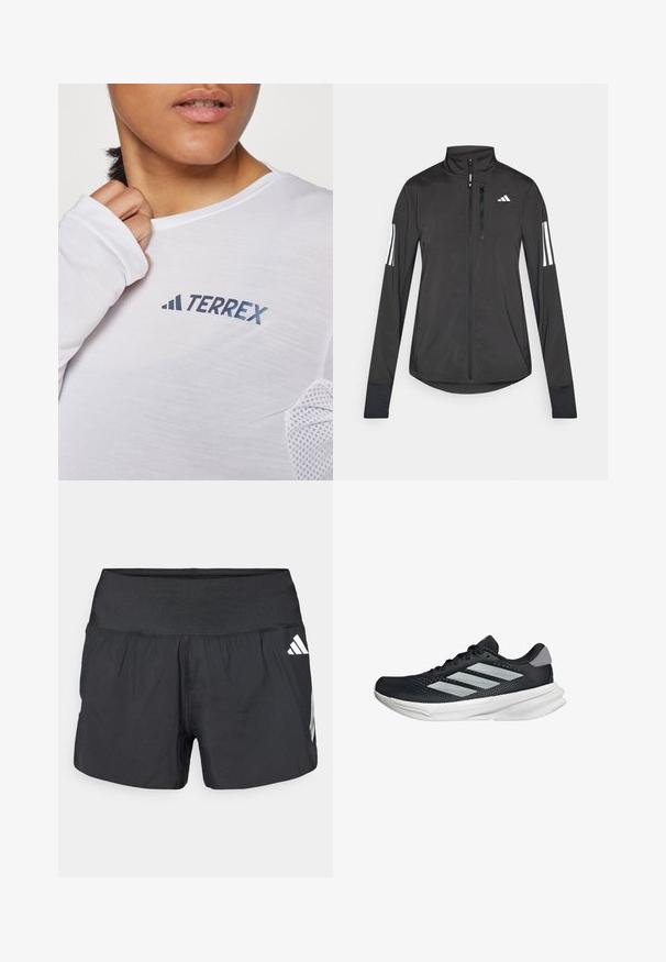 Černá atletická bunda vyrobená z lehkého materiálu. Má přední zip, vysoký límec a tři bílé pruhy na každém rukávu.; Bílé triko s dlouhým rukávem se modrým logem "TERREX". Materiál je lehký a má strukturované síťované detaily na ramenou.; Černé sportovní šortky s širokým elastickým pasem, lehkou tkaninou a bílými logy na dolní straně.; Černé běžecké boty s vrchní částí z prodyšné síťoviny, třemi stříbrnými pruhy, bílou mezipodešví a texturovanou podešví. Obsahují polstrovaný límec a šněrování.