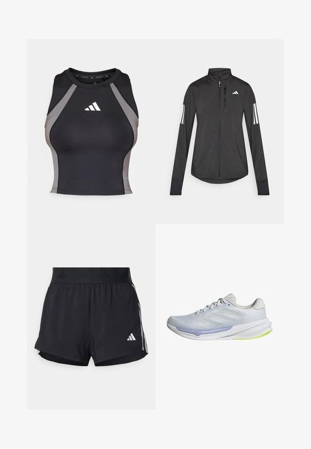 Czarna sportowa kurtka wykonana z lekkiego materiału. Posiada zamek błyskawiczny z przodu, wysoki kołnierz oraz trzy białe paski na każdym rękawie.; Czarny sportowy top na ramiączkach z szarymi panelami bocznymi. Posiada okrągły dekolt i logo adidas w kolorze białym na obszarze klatki piersiowej. Wykonany z rozciągliwego materiału.; Czarne sportowe szorty z elastycznym paskiem w talii, z teksturowanym pasem, bocznymi paskami oraz białym logo Adidas na dolnym brzegu.; Białe buty sportowe z oddychającą siateczką, teksturowanym wzorem i lawendowym akcentem. Mają miękką podeszwę z zielonymi detalami na podeszwie.
