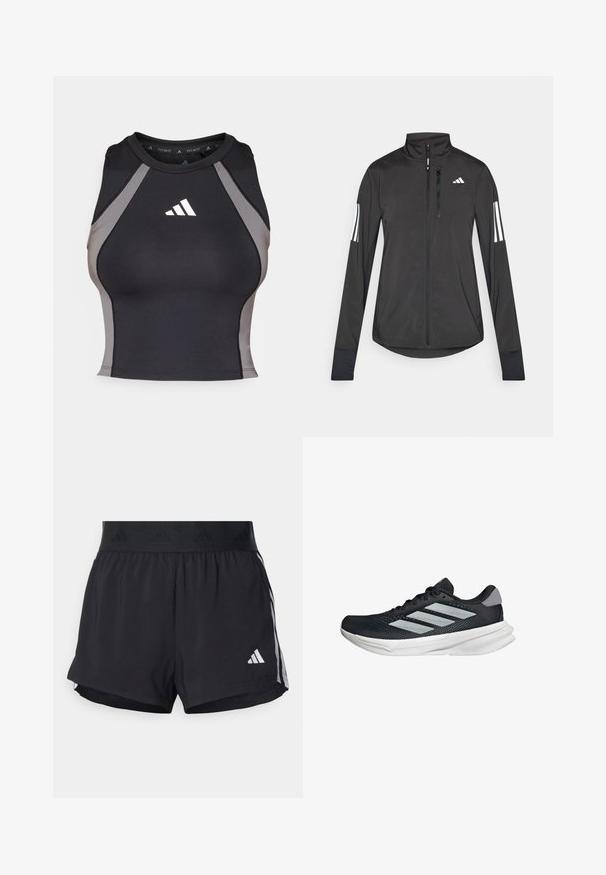 Musta urheilutakki, joka on valmistettu kevyestä materiaalista. Ominaisuuksiin kuuluu etuvetoketju, korkea kaulus ja kolme valkoista raitaa joka hihassa.; Musta urheilullinen hihaton paita, jossa on harmaat sivupaneelit. Ominaisuuksiin kuuluu pyöreä kaula-aukko ja valkoinen adidas-logo rinnan kohdalla. Valmistettu joustavasta kankaasta.; Mustat urheilushortsit, joissa on joustava vyötärö, jossa on teksturoitu nauha, sivuraidat ja valkoinen Adidas-logo alahelman kohdalla.; Musta juoksukenkä, jossa on verkko-osa ylhäällä, kolme hopeista raitaa, valkoinen välipohja ja teksturoitu pohja. Varustettu pehmustetulla nilkkaremmeillä ja nauhakiinnityksellä.