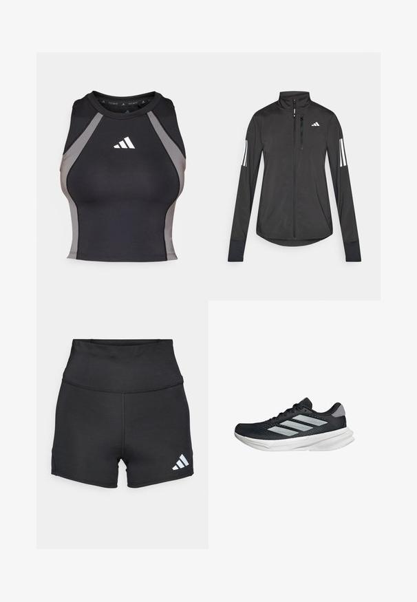 Crni sportski jakna napravljena od laganog materijala. Ima prednji zatvarač, visoki ovratnik i tri bijele pruge na svakoj rukavu.; Crni sportski top s sivim bočnim panelima. Ima okrugli izrez i bijeli adidas logotip na prednjem dijelu. Izrađen je od rastezljive tkanine.; adidas Performance Tajice - black; Crne trkačke tenisice s mrežastim gornjim dijelom, tri srebrne pruge, bijeli srednji sloj i teksturirani potplat. Sadrži podstavljeni ovratnik i zatvaranje s vezicama.