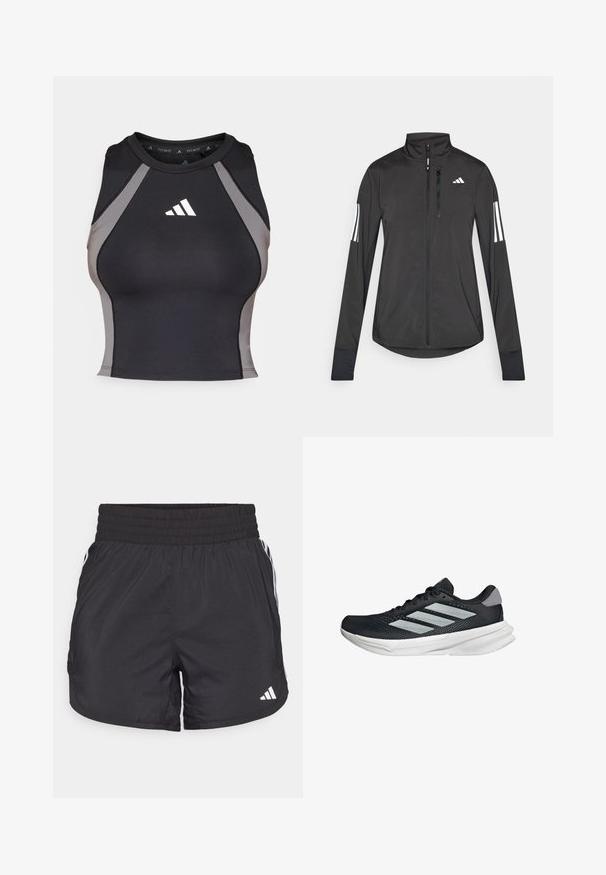 Veste de sport noire en matériau léger. Dotée d'une fermeture éclair sur le devant, d'un col haut et de trois rayures blanches sur chaque manche.; Débardeur de sport noir avec des panneaux latéraux gris. Il possède un col rond et un logo adidas blanc sur la zone de la poitrine. Fabriqué en tissu extensible.; Shorts de sport noirs avec une taille élastique, des poches latérales et des accents de rayures blanches sur les côtés. Fabriqués en matériau léger.; Baskets de course noires avec tige en mesh, trois rayures argentées, semelle intermédiaire blanche et semelle extérieure texturée. Comprend un col rembourré et un système de laçage.