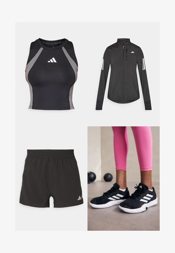 Black athletic jacket made of lightweight material. Features a front zipper, high collar, and three white stripes on each sleeve.; Black athletic tank top with gray side panels. Features a round neckline and an adidas logo in white on the chest area. Made of stretch fabric.; Black athletic shorts made of lightweight fabric. Features an elastic waistband, side zipper pocket, and a reflective logo on the hem.; Black athletic shoes with white stripes, textured mesh upper, and a white sole. Worn with pink leggings, showcasing training apparel.