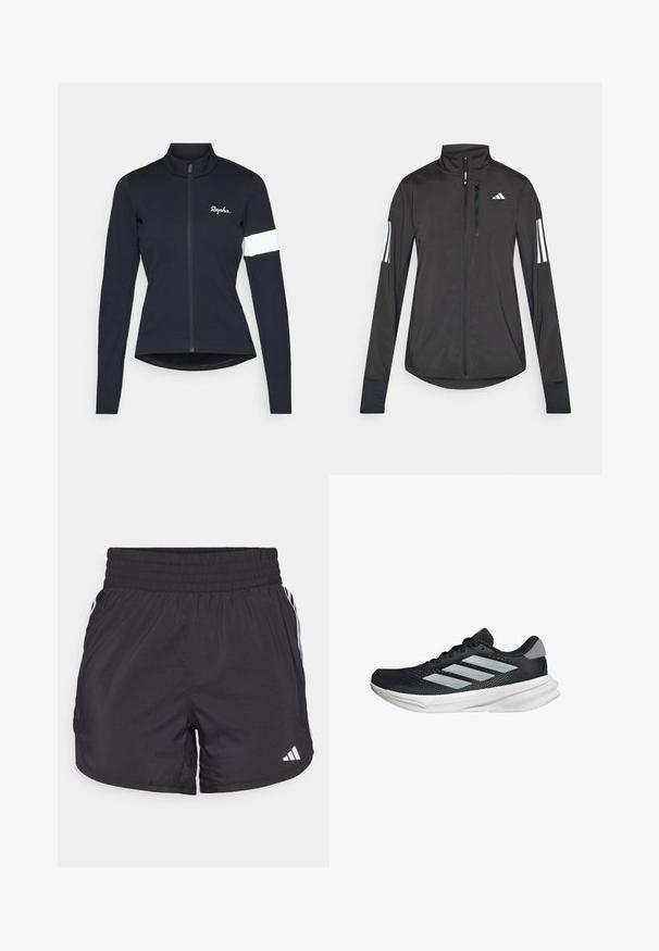 Zwarte sportjack gemaakt van lichtgewicht materiaal. Voorzien van een ritssluiting aan de voorkant, hoge kraag en drie witte strepen op elke mouw.; Rapha WOMENS CORE JACKET - Wielershirt - black/white; Zwarte sportieve shorts met een elastische tailleband, zijzakken en witte streepaccenten aan de zijkanten. Gemaakt van lichtgewicht materiaal.; Zwarte hardloopschoen met een mesh bovenzijde, drie zilveren strepen, witte middenzool en een gestructureerde loopzool. Heeft een gevoerde kraag en een vetersluiting.