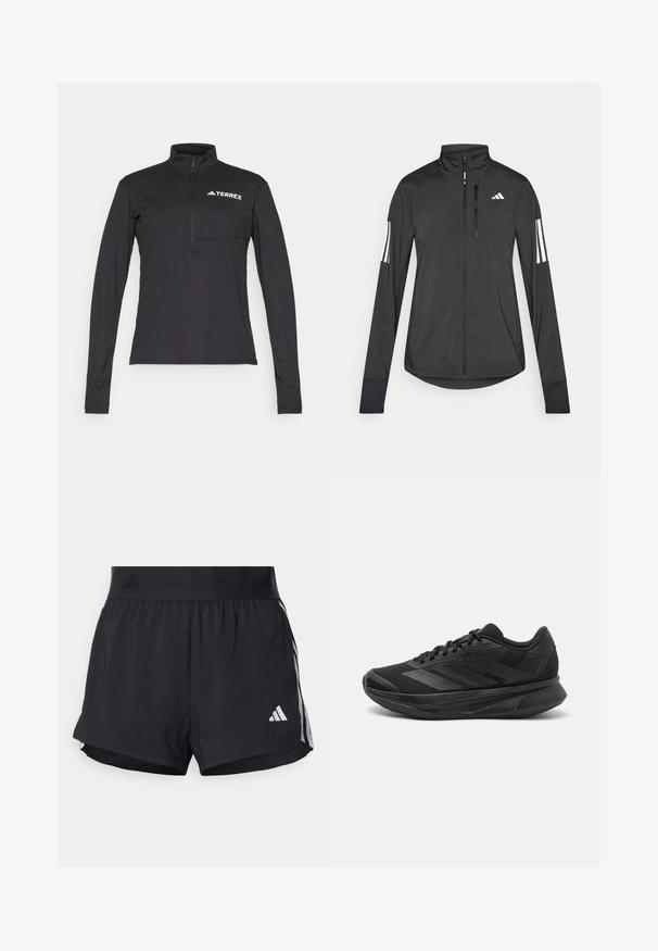 Musta urheilutakki, joka on valmistettu kevyestä materiaalista. Ominaisuuksiin kuuluu etuvetoketju, korkea kaulus ja kolme valkoista raitaa joka hihassa.; Musta pitkähiha pullover, jossa on neljänneksen vetoketju, etutasku ja valkoinen "TERREX" logo rinnassa. Sujuva, kevyt kangas.; Mustat urheilushortsit, joissa on joustava vyötärö, jossa on teksturoitu nauha, sivuraidat ja valkoinen Adidas-logo alahelman kohdalla.; Mustat juoksukengät, joissa on hengittävä verkkoyläosa, pyöreä varvas, sulavalinjainen muotoilu, teksturoidut yksityiskohdat ja pehmustettu pohja mukavuutta varten.