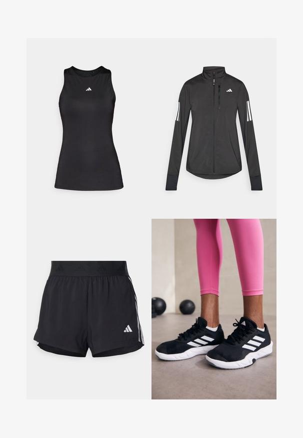 Black athletic jacket made of lightweight material. Features a front zipper, high collar, and three white stripes on each sleeve.; Black sleeveless athletic top made of smooth fabric. Features a round neckline and a small white Adidas logo on the chest.; Black athletic shorts with an elastic waistband, featuring a textured band, side stripes, and a white Adidas logo on the lower hem.; Black athletic shoes with white stripes, textured mesh upper, and a white sole. Worn with pink leggings, showcasing training apparel.