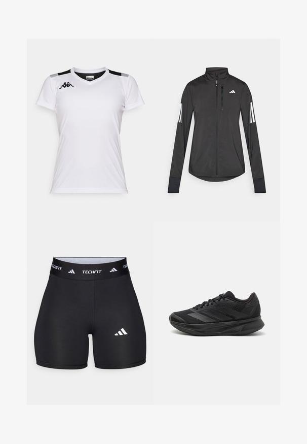 Black athletic jacket made of lightweight material. Features a front zipper, high collar, and three white stripes on each sleeve.; White athletic shirt made of lightweight fabric. Features a v-neck, short sleeves, and black accents on the shoulders. Kappa logo on the chest.; Black shorts made from stretchy fabric with a fitted design. Features a wide black waistband labeled "TECHFIT" and a white logo on the leg.; Black running shoe with a breathable mesh upper, rounded toe, sleek design, textured accents, and a cushioned sole for comfort.