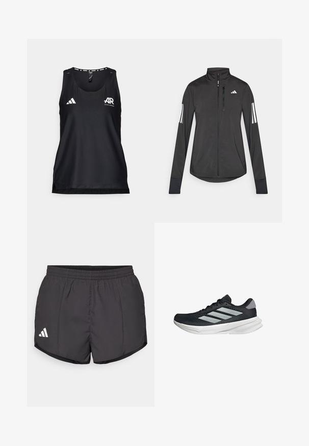 Black athletic jacket made of lightweight material. Features a front zipper, high collar, and three white stripes on each sleeve.; Black athletic tank top made of breathable fabric. Features a round neckline, regular fit, and white Adidas logo on the front.; Black athletic shorts made of lightweight fabric, featuring an elastic waistband and a white Adidas logo on the lower left side.; Black running shoe with mesh upper, three silver stripes, white midsole, and textured outsole. Features padded collar and lace closure.
