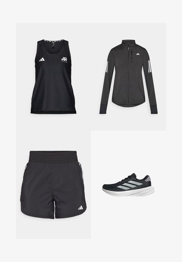 Black athletic jacket made of lightweight material. Features a front zipper, high collar, and three white stripes on each sleeve.; Black athletic tank top made of breathable fabric. Features a round neckline, regular fit, and white Adidas logo on the front.; Black athletic shorts with an elastic waistband, side pockets, and white stripe accents on the sides. Made of lightweight material.; Black running shoe with mesh upper, three silver stripes, white midsole, and textured outsole. Features padded collar and lace closure.