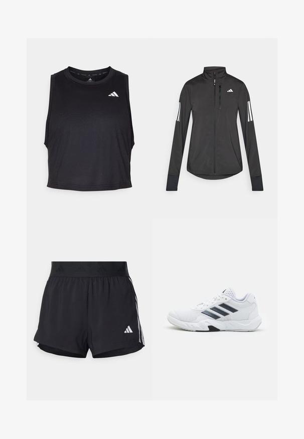 Jachetă sport neagră din material ușor. Are un fermoar frontal, guler înalt și trei dungi albe pe fiecare manșon.; Crop top de antrenament negru, fără mâneci, confectionat dintr-un material neted, având un decolteu rotund și un mic accent cu logo alb aproape de umăr.; Shorts de atletism negri cu un brâu elastic, având o bandă texturată, dungi laterale și un logo alb Adidas pe tivul de jos.; Adidași albi cu partea superioară din plasă, trei dungi negre pe lateral, accente texturate și o talpă din cauciuc solidă cu o secțiune contrastantă neagră.