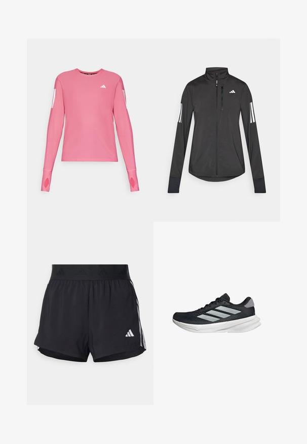 Zwarte sportjack gemaakt van lichtgewicht materiaal. Voorzien van een ritssluiting aan de voorkant, hoge kraag en drie witte strepen op elke mouw.; Roze lange mouwen sportshirt met ronde hals en duimopening in de manchetten. Bevat witte merkaccenten op de mouwen.; Zwarte sportshorts met een elastische tailleband, voorzien van een gestructureerde band, zijstrepen en een wit Adidas-logo op de onderrand.; Zwarte hardloopschoen met een mesh bovenzijde, drie zilveren strepen, witte middenzool en een gestructureerde loopzool. Heeft een gevoerde kraag en een vetersluiting.