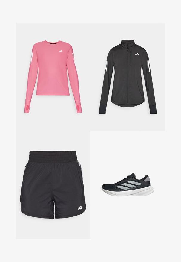 Sort atletisk jakke lavet af let materiale. Har en frontlynlås, høj krave og tre hvide striber på hver ærme.; Lyserød langærmet sports skjorte med rund halsudskæring og tommelhul i manchetterne. Har hvide branddetaljer på ærmerne.; Sorte atletiske shorts med elastisk talje, sidelommer og hvid stribeaccent på siderne. Fremstillet af letvægtsmateriale.; Sort løbesko med mesh-overdel, tre sølvstriber, hvid mellemsål og struktureret ydersål. Har polstret krave og snørelukning.