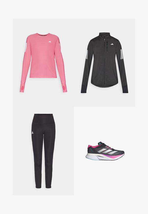 Musta urheilutakki, joka on valmistettu kevyestä materiaalista. Ominaisuuksiin kuuluu etuvetoketju, korkea kaulus ja kolme valkoista raitaa joka hihassa.; Vaaleanpunainen pitkähihainen urheilupaita, jossa on pyöreä kaula-aukko ja sormia varten aukot hihoissa. Sisältää valkoisia brändäyskoristeita hihoissa.; Musta korkeavyötäröinen legginssit joustavasta kankaasta. Vasemmalla puolella valkoinen logo ja tyylikäs, saumaton muotoilu. Silkkinen pinta.; Juoksukengät, joissa on harmaa verkkopinta, vaaleanpunaiset yksityiskohdat ja valkoiset raidat. Varustettu pehmeällä pohjalla ja tyylikkäällä, aerodynaamisella muotoilulla.
