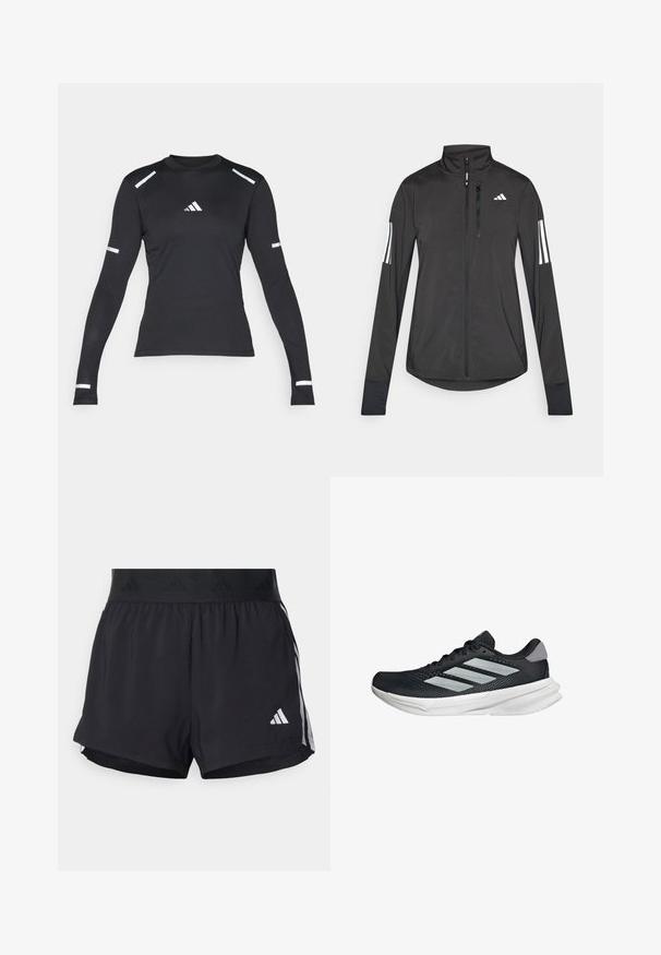 Schwarze Sportjacke aus leichtem Material. Mit einem Frontreißverschluss, hohem Kragen und drei weißen Streifen an jedem Ärmel.; Schwarz langärmliges Sportshirt aus strukturiertem Material. Verfügt über reflektierende Akzente an Schultern und Armen, mit einem kleinen Logo in der Mitte.; Schwarze Sportshorts mit einem elastischen Bund, ausgestattet mit einem strukturierten Band, seitlichen Streifen und einem weißen Adidas-Logo am unteren Saum.; Schwarzer Laufschuh mit Mesh-Obermaterial, drei silbernen Streifen, weißer Zwischensohle und strukturiertem Außensohle. Verfügt über einen gepolsterten Schaft und eine Schnürung.