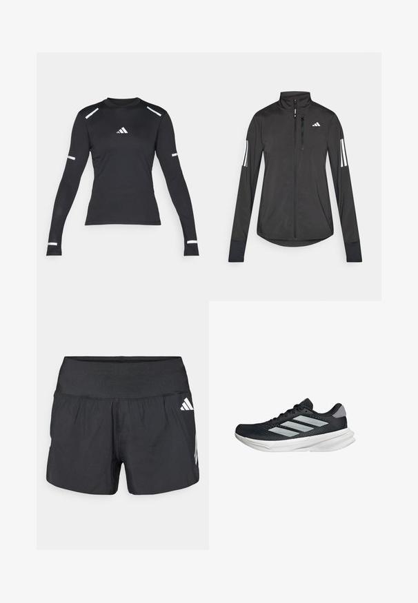 Black athletic jacket made of lightweight material. Features a front zipper, high collar, and three white stripes on each sleeve.; Black long-sleeve athletic shirt made of textured fabric. Features reflective accents on shoulders and arms, with a small logo in the center.; Black athletic shorts featuring a wide elastic waistband, lightweight fabric, and white logo accents on the lower side.; Black running shoe with mesh upper, three silver stripes, white midsole, and textured outsole. Features padded collar and lace closure.