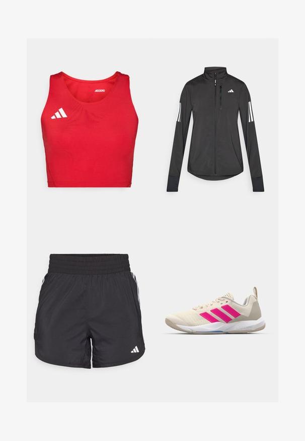 Svart treningsjakke laget av lett materiale. Har glidelås foran, høy krage og tre hvite striper på hver erme.; Rød atletisk crop topp med ribbet tekstur, med rund hals, brede skulderstropper og hvit logo detaljer.; Svarte treningsshorts med elastisk midje, sidelommer og hvite stripeaksenter på sidene. Laget av lett materiale.; Beige atletik sko med rosa tre-stripes logo, teksturert mesh-overdel, polstret krage og hvit gummisåle, med "LIGHTSTRIKE" merke.